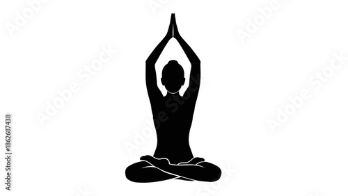 Black silhouette of a woman sitting in lotus yoga pose with hands raised in prayer position (Anjali Mudra) on white background.