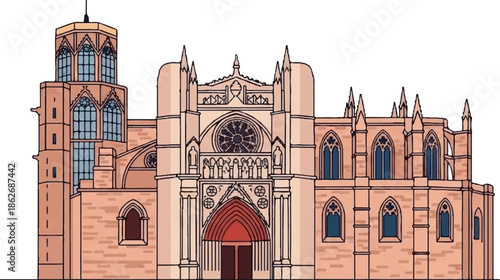 An illustration of a grand historical building featuring intricate Gothic architecture, a rose window, and tall spires