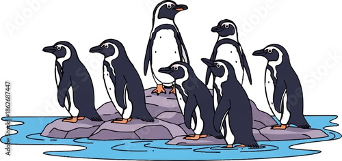 An illustration of a group of black and white penguins standing on purple rocks in blue water