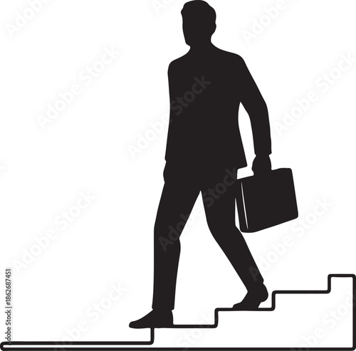 Black silhouette of businessman walking up stairs with briefcase, career progression concept