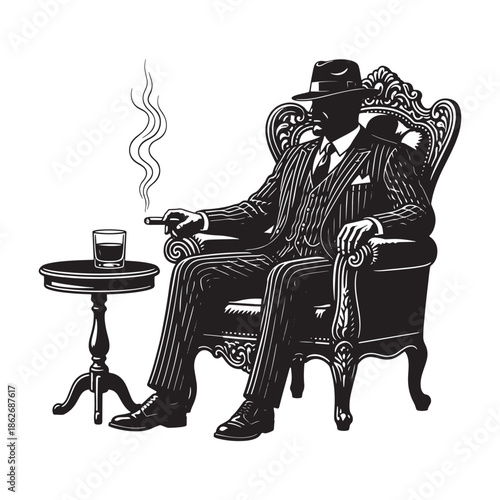 Noir mafia boss silhouette sitting in armchair smoking cigar with drink vector illustration.