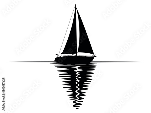 A black silhouette of a sailboat with reflection on a white isolated background