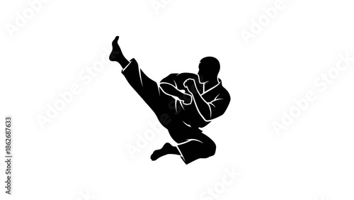 Martial Arts Silhouette Jumping Kick - Karate or Taekwondo Athlete Vector