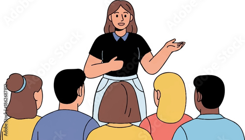 An illustration of a woman presenting or teaching to a diverse group of people from behind