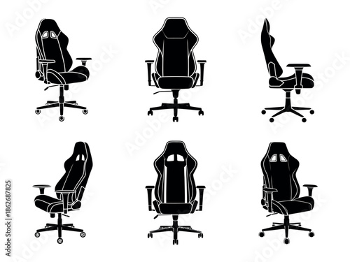 Six black and white illustrations of gaming chairs from different perspectives