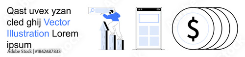 Business strategy, financial planning, mobile technology, app development, monetary growth, and digital services. Person climbing bar chart, smartphone outline currency icons. Business strategy