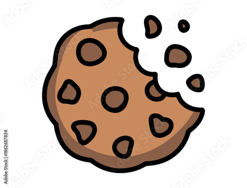 A cartoon cookie with chocolate chips and a bite taken out of it on white background