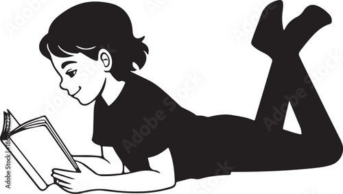 Black and white drawing of a child lying down reading a book.
