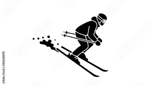 Vector icon of a skier descending from a snowy mountain slope in black and white minimalist style.