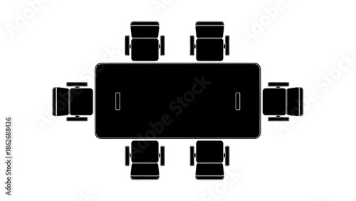 Meeting table and chairs top view icon, office boardroom furniture silhouette.