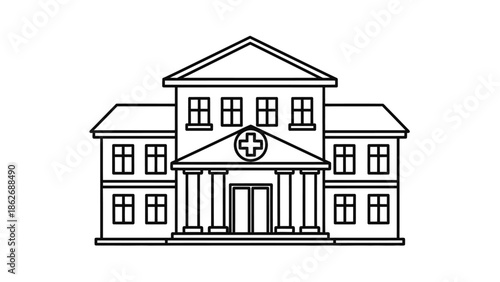 Hospital building line art icon, medical clinic architectural symbol.