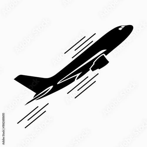 Airplane Takeoff Icon, Black Silhouette Jet Aircraft Ascending with Speed Lines, Minimalist Flight Symbol
