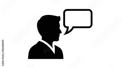 Silhouette of a man speaking with blank speech bubble icon.