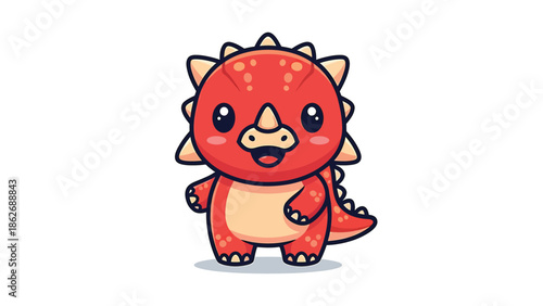 Adorable Red Triceratops Cartoon Character with Spikes and Friendly Expression.