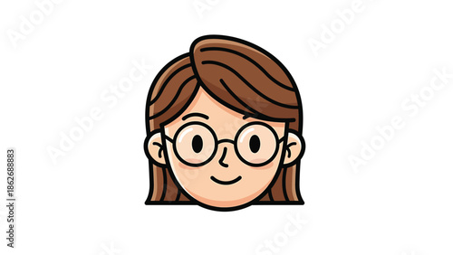 Cartoon woman with glasses and brown hair smiling sweetly.