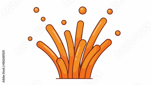 An orange liquid splash, stylized as abstract tubes and floating drops, on a white background