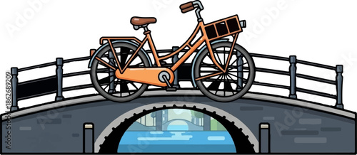 An orange bicycle parked on a stone arched bridge over a canal with trees and a city skyline in the background