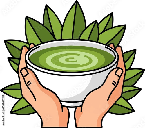 An illustration of two hands holding a white bowl filled with green liquid, surrounded by fresh leaves
