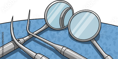 An illustration of two dental mirrors and two dental explorers on a textured blue surface, symbolizing oral health