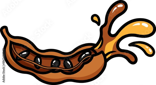 An opened tamarind pod with dark seeds and a dynamic splash of brown and yellow liquid on a white background