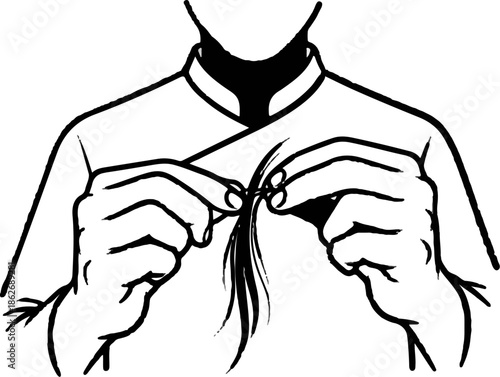 Black and white illustration of a person's hands delicately separating or working with fine strands of material