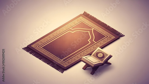 3D Render of Islamic Prayer Mat and Open Holy Quran on Rehal Stand