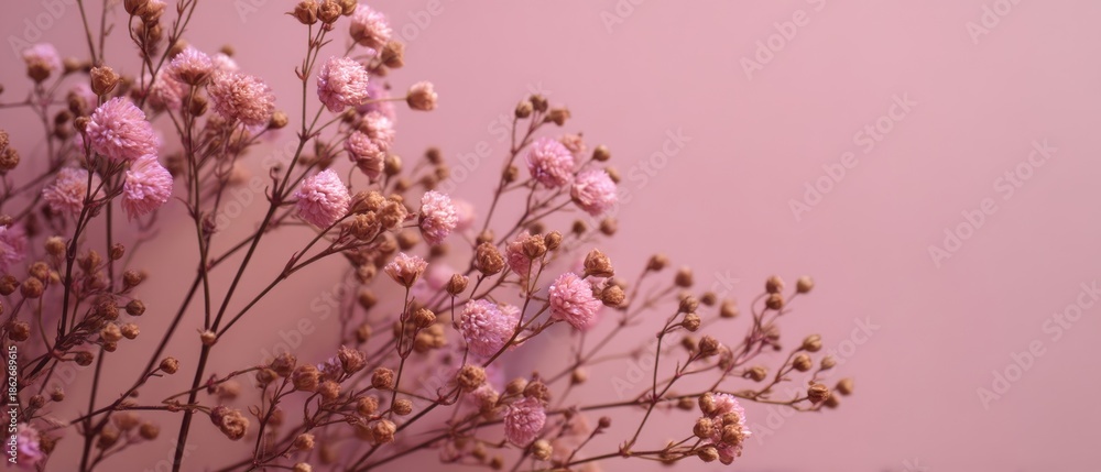 Fototapeta premium Dried pink flowers arrangement against pastel pink background