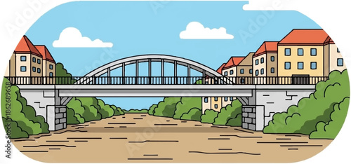 Cartoon cityscape with an arched bridge over a dry riverbed, flanked by buildings and green bushes