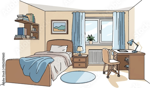 Bright, simply furnished bedroom interior illustration featuring a bed, desk, window, and bookshelves