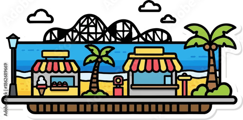 Bright vector illustration of a beachside amusement park with food stalls, palm trees, and a roller coaster