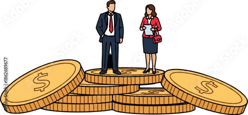 Business people, a man and woman, stand atop a large pile of gold dollar coins, symbolizing financial success