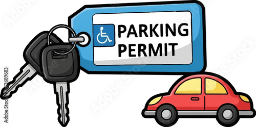 Car keys with a blue disabled parking permit tag, alongside a small red car on a white background