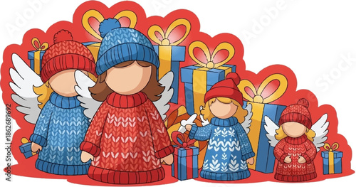 Cartoon angels in winter hats and sweaters, surrounded by festive gifts on a red background, ideal for holidays