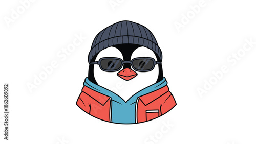 Cool Penguin Cartoon Character with Beanie, Sunglasses, and Jacket.