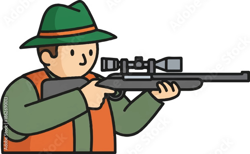 Cartoon hunter in green hat and orange vest aiming a rifle with a scope, isolated on white background