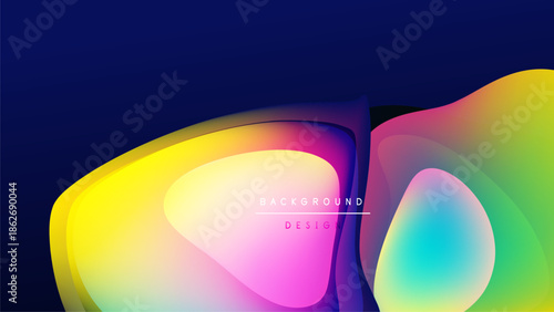 Abstract colorful layers overlap black space. Vibrant gradients create modern design, smooth transitions visible. Background text present.