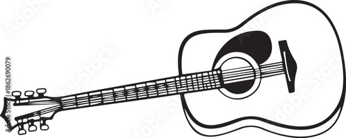 Acoustic Guitar Black and White Line Art Illustration Isolated on White