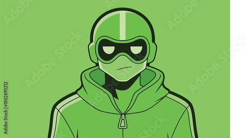 Green-clad Figure with Helmet and Goggles - A Mysterious Character Portrait.
