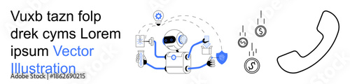Automation, technology, financial management, customer support, AI systems, digital services. Robot with moving arms, dollar signs phone icon. Automation and technology illustrated