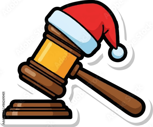 Cartoon illustration of a judge's gavel wearing a festive Santa hat, poised above its sound block