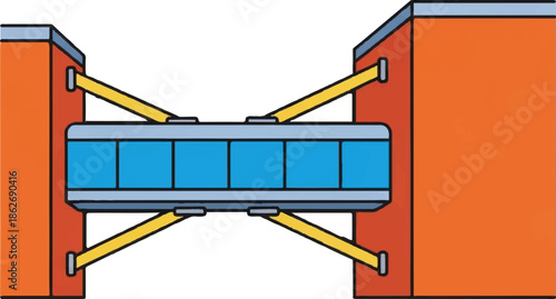 Cartoon illustration of a modern skybridge connecting two orange buildings with blue windows and yellow supports