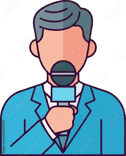 Cartoon illustration of a male figure in a blue suit, holding a microphone. Depicts a reporter or speaker