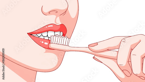 Cartoon illustration of a person's mouth with red lips and white teeth, brushing with a toothbrush