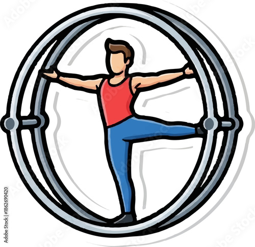 Cartoon illustration of a person balancing in an acrobatic wheel, demonstrating agility and strength