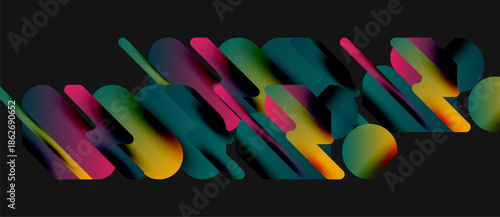 Abstract colorful shapes overlap, creating dynamic visual effect. Gradient hues blend, forming modern composition. Dark background emphasizes vibrant forms.