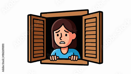 Cartoon illustration of a worried woman peeking out from an open wooden window, looking anxious