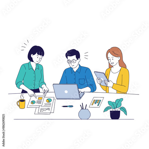 Dynamic collaborative teamwork with diverse professionals exchanging ideas at workspace table