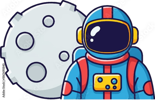 Cartoon illustration of an astronaut in a blue and red suit standing next to a grey, cratered moon