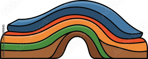 Cartoon illustration of colorful, wavy geological strata, depicting layered rock formations with a cross-section