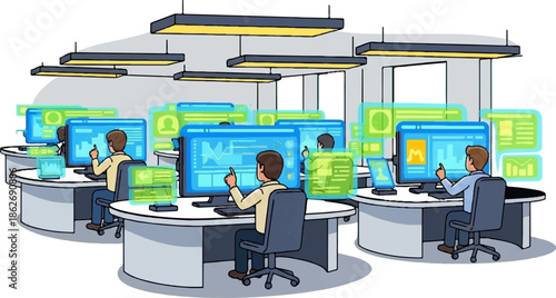 Cartoon illustration of professionals in a modern office, interacting with computers and data interfaces